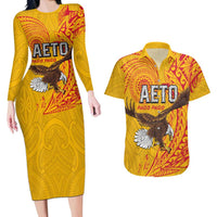 Personalised American Samoa Flag Day Couples Matching Long Sleeve Bodycon Dress and Hawaiian Shirt Fautasi Race Pago Pago-Aeto Eagle Wings Tribal Style LT03 Multicolor - Polynesian Pride