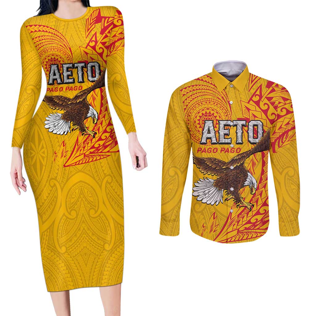 Personalised American Samoa Flag Day Couples Matching Long Sleeve Bodycon Dress and Long Sleeve Button Shirt Fautasi Race Pago Pago-Aeto Eagle Wings Tribal Style LT03 Multicolor - Polynesian Pride