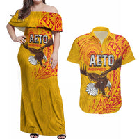 Personalised American Samoa Flag Day Couples Matching Off Shoulder Maxi Dress and Hawaiian Shirt Fautasi Race Pago Pago-Aeto Eagle Wings Tribal Style LT03 Multicolor - Polynesian Pride