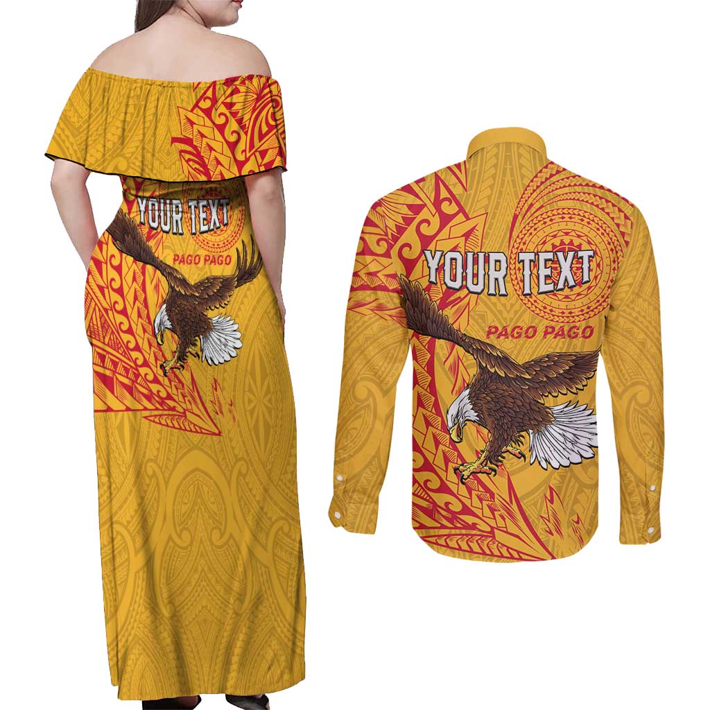Personalised American Samoa Flag Day Couples Matching Off Shoulder Maxi Dress and Long Sleeve Button Shirt Fautasi Race Pago Pago-Aeto Eagle Wings Tribal Style LT03 - Polynesian Pride