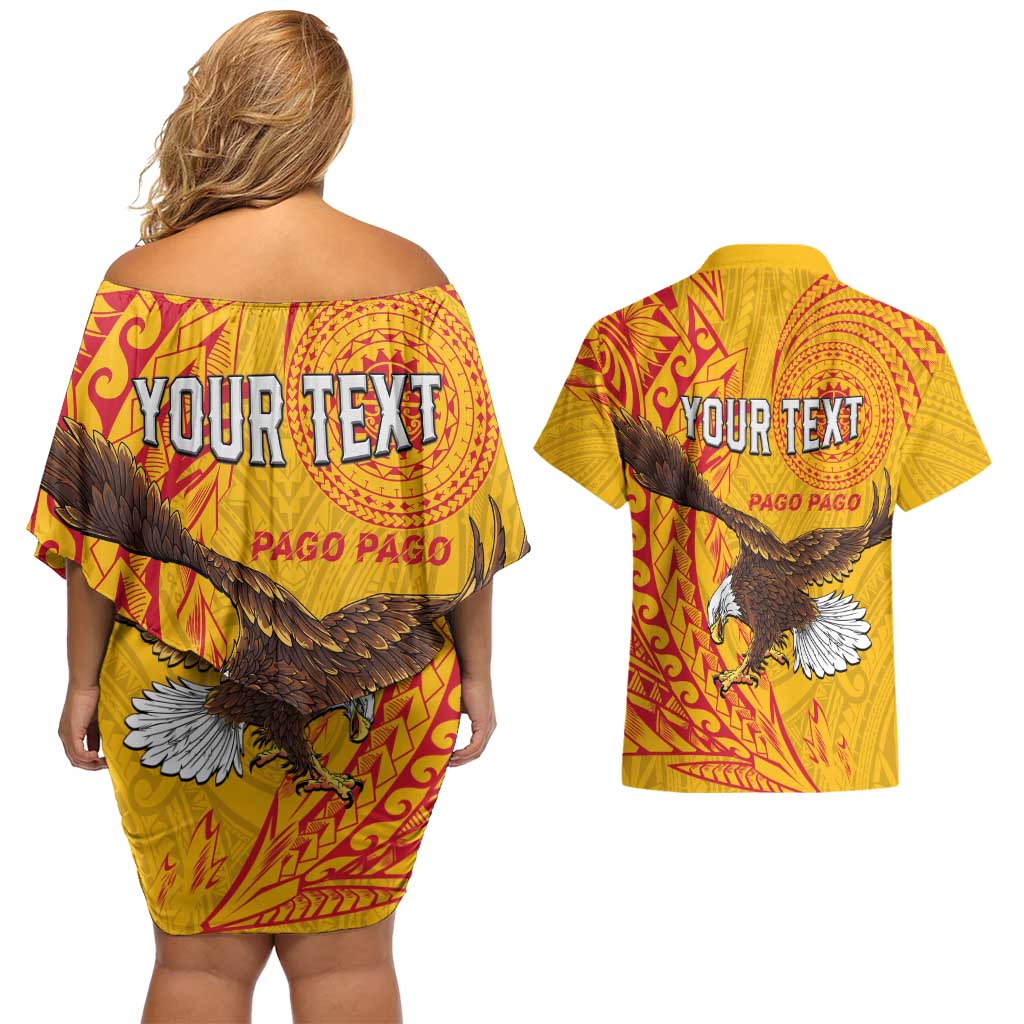 Personalised American Samoa Flag Day Couples Matching Off Shoulder Short Dress and Hawaiian Shirt Fautasi Race Pago Pago-Aeto Eagle Wings Tribal Style LT03 - Polynesian Pride