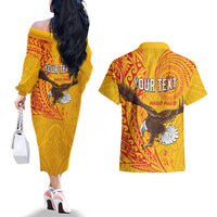 Personalised American Samoa Flag Day Couples Matching Off The Shoulder Long Sleeve Dress and Hawaiian Shirt Fautasi Race Pago Pago-Aeto Eagle Wings Tribal Style LT03 - Polynesian Pride
