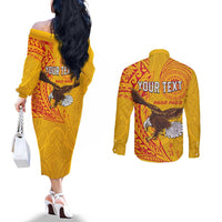 Personalised American Samoa Flag Day Couples Matching Off The Shoulder Long Sleeve Dress and Long Sleeve Button Shirt Fautasi Race Pago Pago-Aeto Eagle Wings Tribal Style LT03 - Polynesian Pride