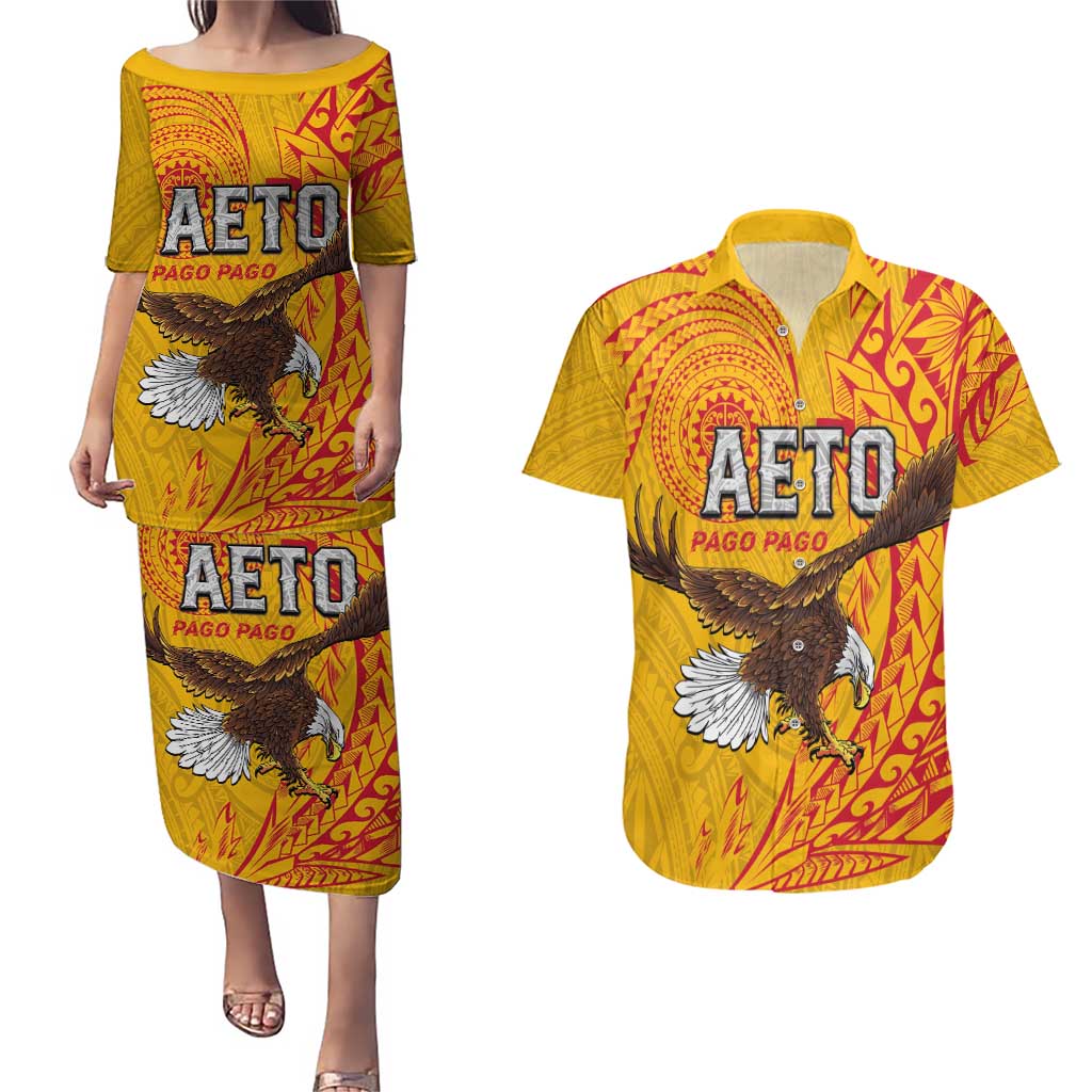 Personalised American Samoa Flag Day Couples Matching Puletasi and Hawaiian Shirt Fautasi Race Pago Pago-Aeto Eagle Wings Tribal Style LT03 Multicolor - Polynesian Pride