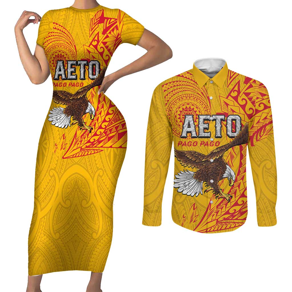 Personalised American Samoa Flag Day Couples Matching Short Sleeve Bodycon Dress and Long Sleeve Button Shirt Fautasi Race Pago Pago-Aeto Eagle Wings Tribal Style LT03 Multicolor - Polynesian Pride