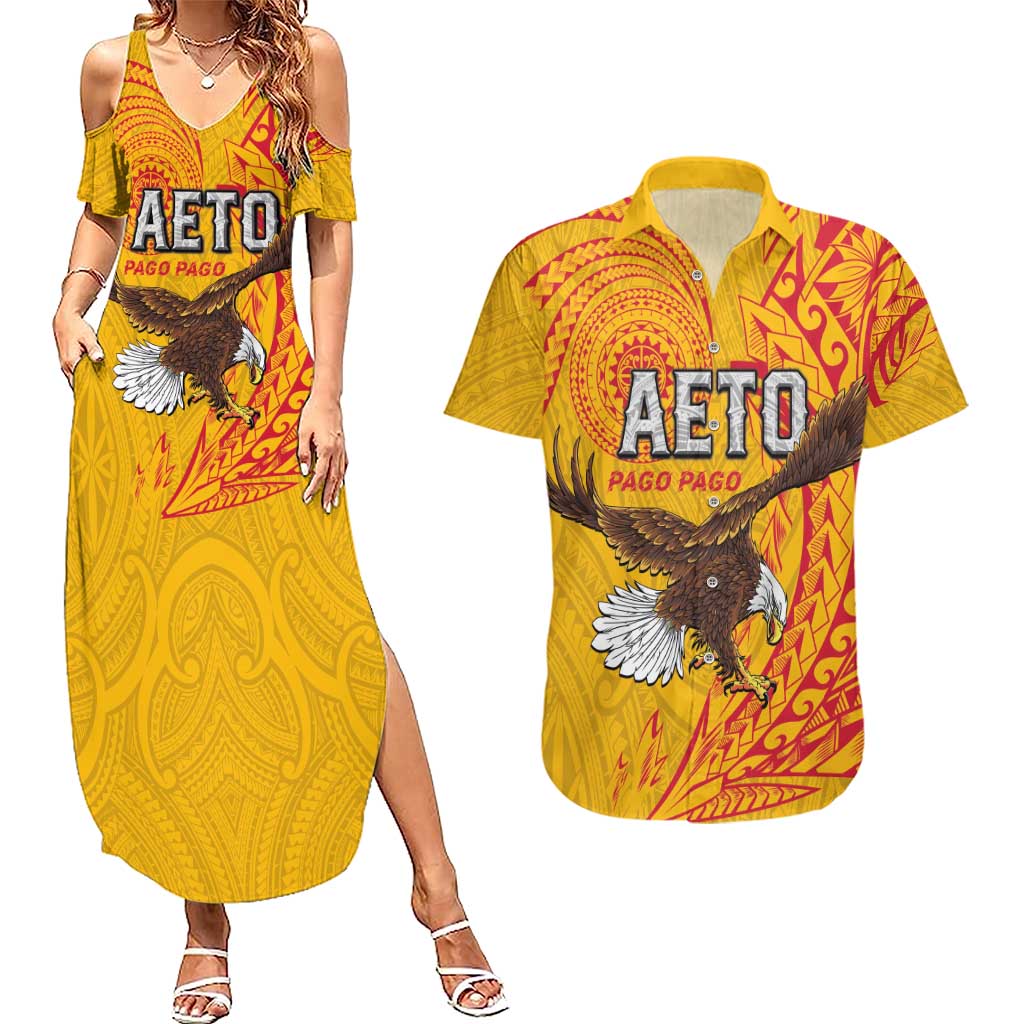 Personalised American Samoa Flag Day Couples Matching Summer Maxi Dress and Hawaiian Shirt Fautasi Race Pago Pago-Aeto Eagle Wings Tribal Style LT03 Multicolor - Polynesian Pride