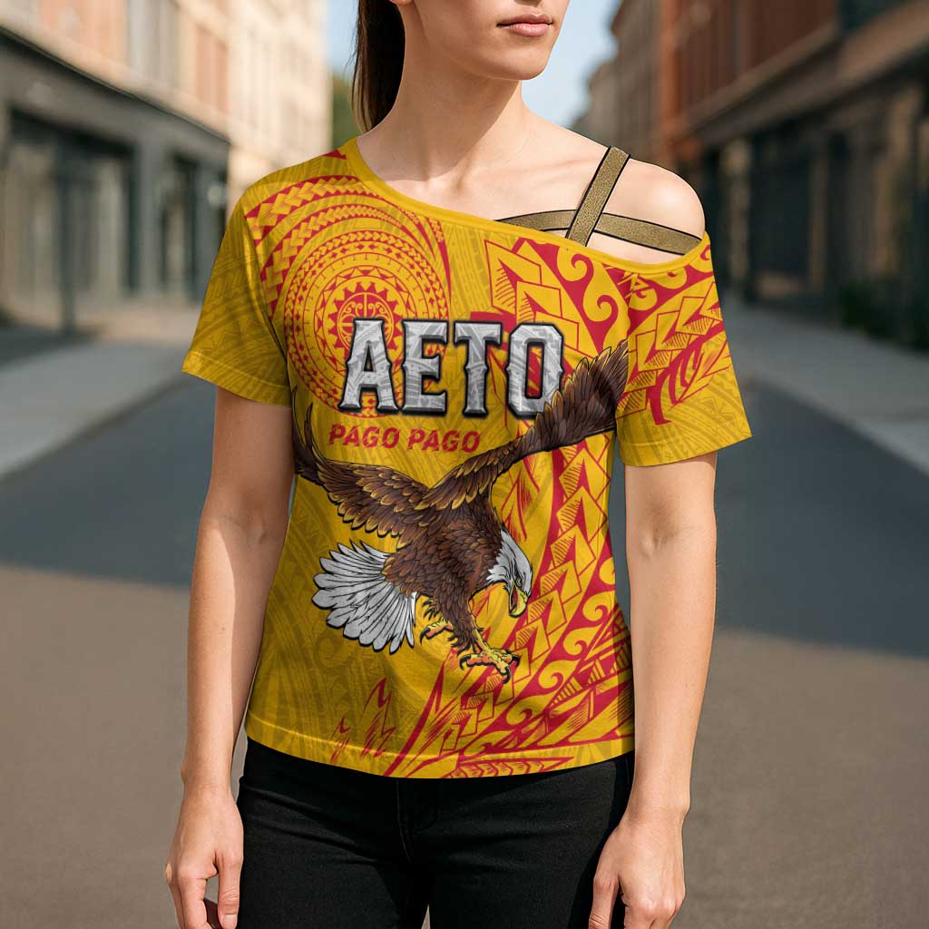 Personalised American Samoa Flag Day Cross Shoulder Shirt Fautasi Race Pago Pago-Aeto Eagle Wings Tribal Style
