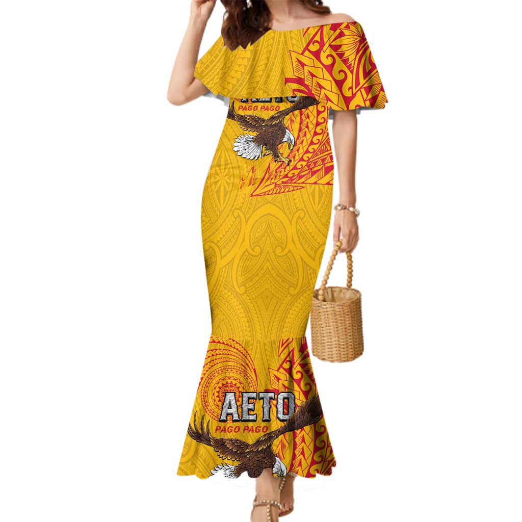 Personalised American Samoa Flag Day Family Matching Mermaid Dress and Hawaiian Shirt Fautasi Race Pago Pago-Aeto Eagle Wings Tribal Style LT03 Mom's Dress Multicolor - Polynesian Pride