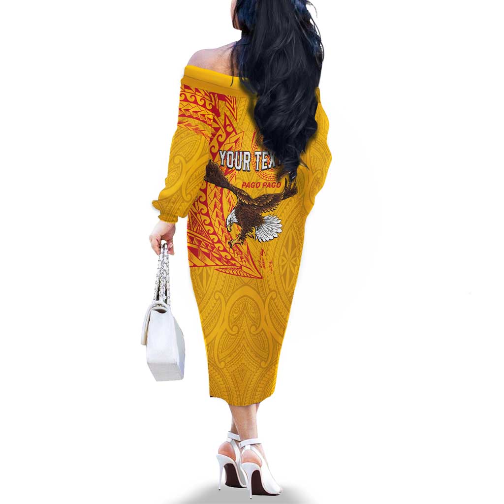 Personalised American Samoa Flag Day Family Matching Off The Shoulder Long Sleeve Dress and Hawaiian Shirt Fautasi Race Pago Pago-Aeto Eagle Wings Tribal Style LT03 - Polynesian Pride