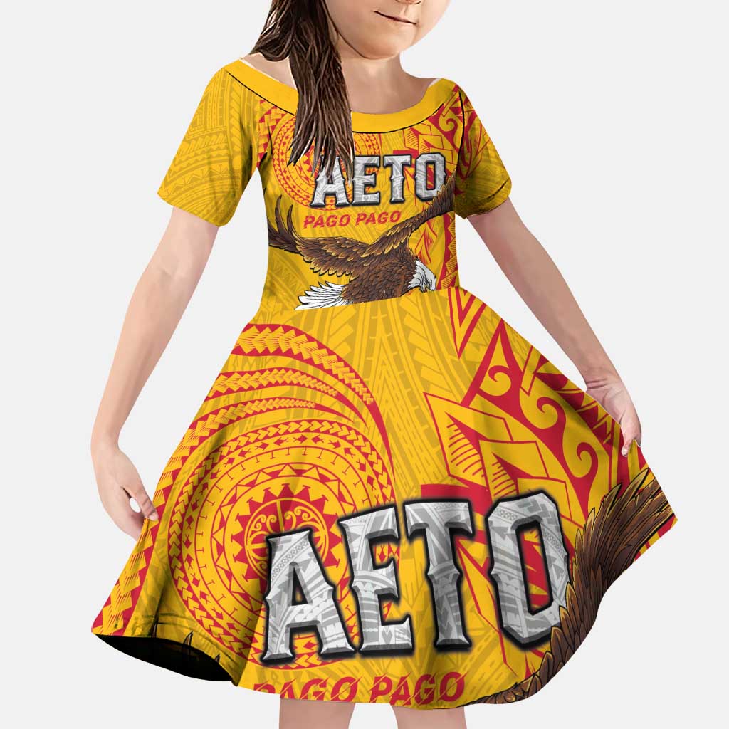 Personalised American Samoa Flag Day Family Matching Off Shoulder Short Dress and Hawaiian Shirt Fautasi Race Pago Pago-Aeto Eagle Wings Tribal Style LT03 Daughter's Dress Multicolor - Polynesian Pride