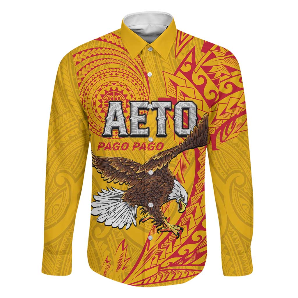 Personalised American Samoa Flag Day Family Matching Puletasi and Hawaiian Shirt Fautasi Race Pago Pago-Aeto Eagle Wings Tribal Style LT03 Dad's Shirt - Long Sleeve Multicolor - Polynesian Pride