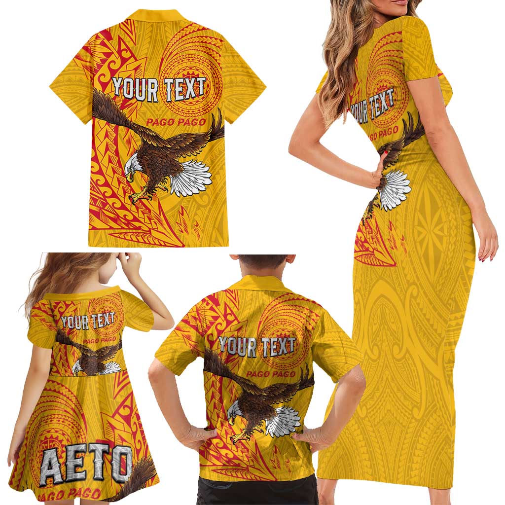 Personalised American Samoa Flag Day Family Matching Short Sleeve Bodycon Dress and Hawaiian Shirt Fautasi Race Pago Pago-Aeto Eagle Wings Tribal Style LT03 - Polynesian Pride