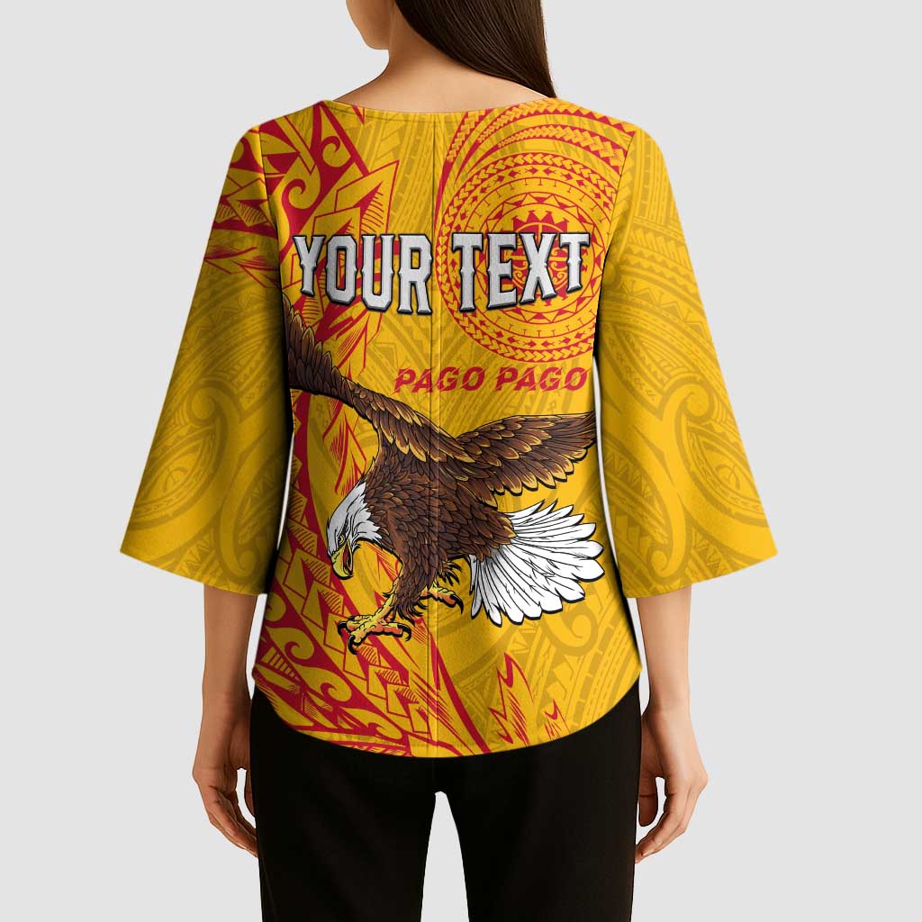 Personalised American Samoa Flag Day Kimono Sleeve Blouse Fautasi Race Pago Pago-Aeto Eagle Wings Tribal Style