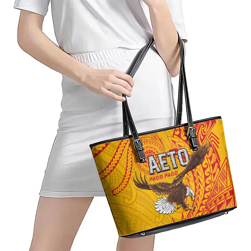 American Samoa Flag Day Leather Tote Bag Fautasi Race Pago Pago-Aeto Eagle Wings Tribal Style