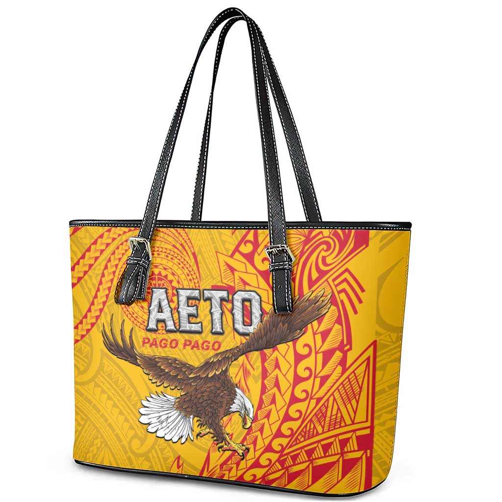 American Samoa Flag Day Leather Tote Bag Fautasi Race Pago Pago-Aeto Eagle Wings Tribal Style