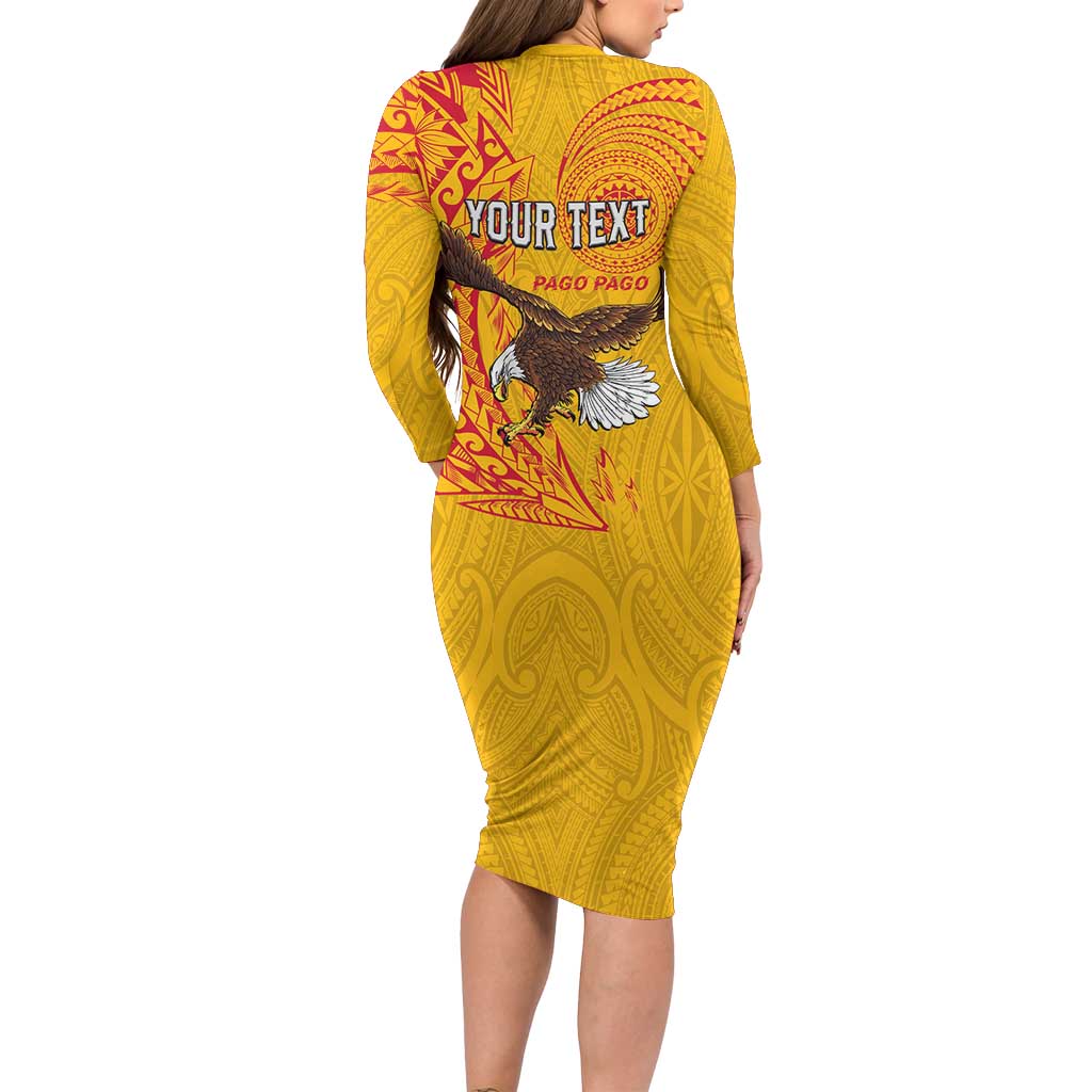 Personalised American Samoa Flag Day Long Sleeve Bodycon Dress Fautasi Race Pago Pago-Aeto Eagle Wings Tribal Style