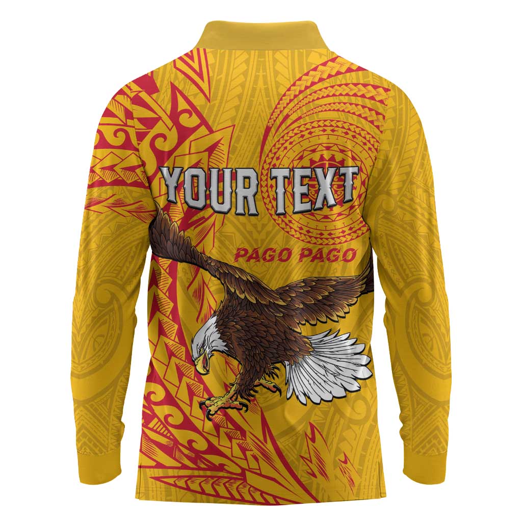Personalised American Samoa Flag Day Long Sleeve Polo Shirt Fautasi Race Pago Pago-Aeto Eagle Wings Tribal Style