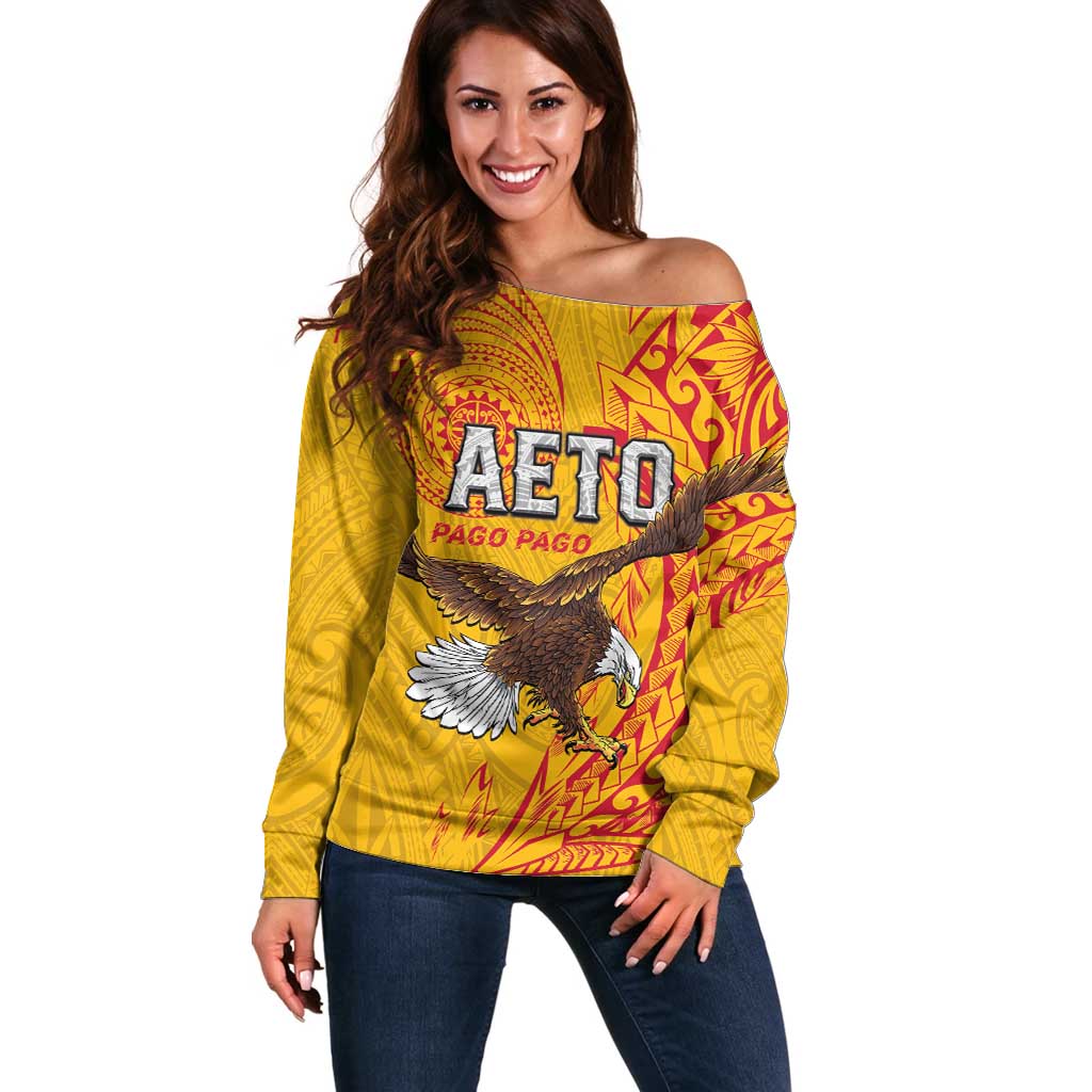 Personalised American Samoa Flag Day Off Shoulder Sweater Fautasi Race Pago Pago-Aeto Eagle Wings Tribal Style