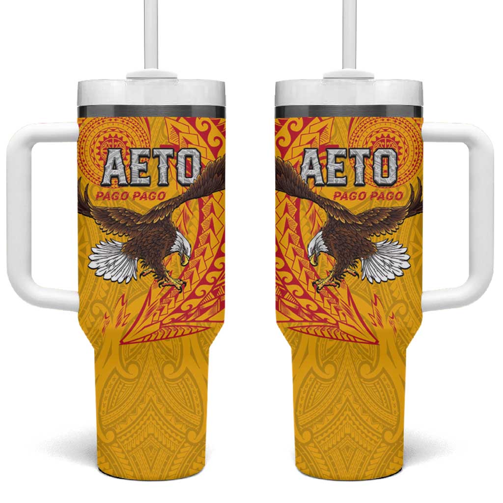 American Samoa Flag Day Tumbler With Handle Fautasi Race Pago Pago-Aeto Eagle Wings Tribal Style