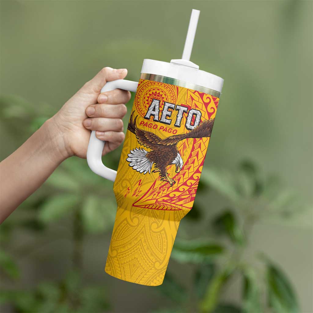 American Samoa Flag Day Tumbler With Handle Fautasi Race Pago Pago-Aeto Eagle Wings Tribal Style