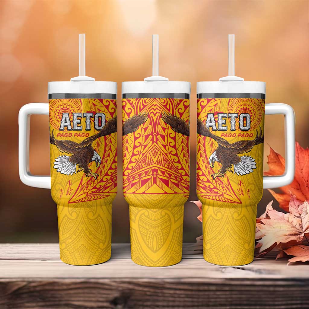 American Samoa Flag Day Tumbler With Handle Fautasi Race Pago Pago-Aeto Eagle Wings Tribal Style
