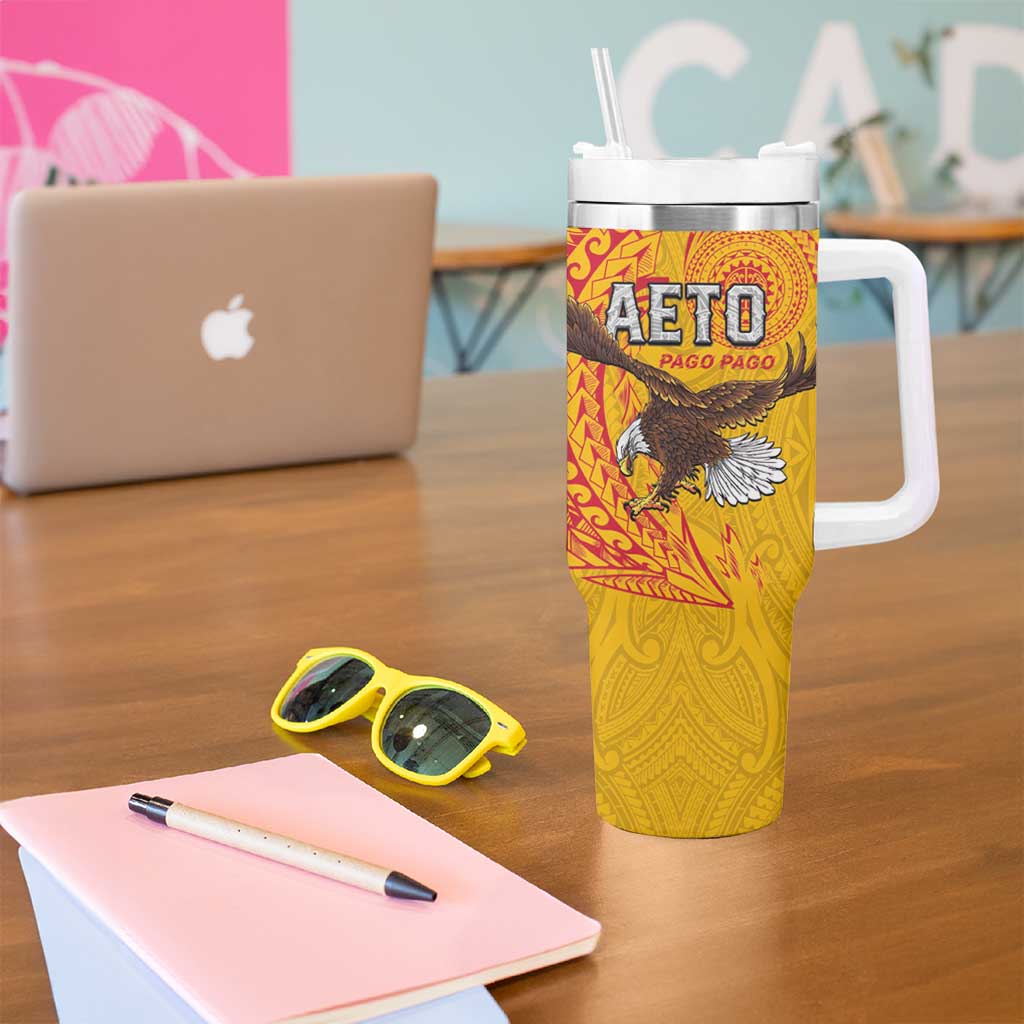 American Samoa Flag Day Tumbler With Handle Fautasi Race Pago Pago-Aeto Eagle Wings Tribal Style