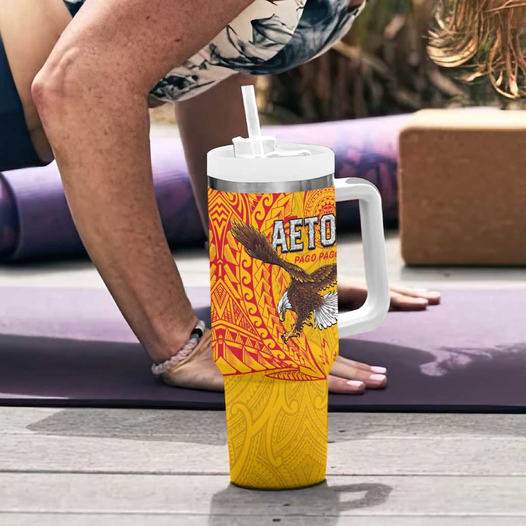 American Samoa Flag Day Tumbler With Handle Fautasi Race Pago Pago-Aeto Eagle Wings Tribal Style