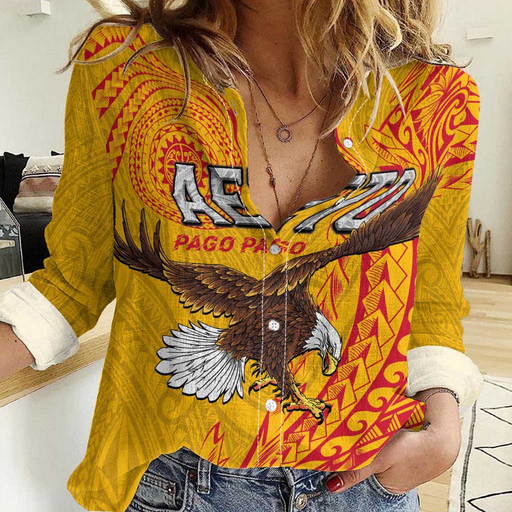 Personalised American Samoa Flag Day Women Casual Shirt Fautasi Race Pago Pago-Aeto Eagle Wings Tribal Style LT03 Female Multicolor - Polynesian Pride