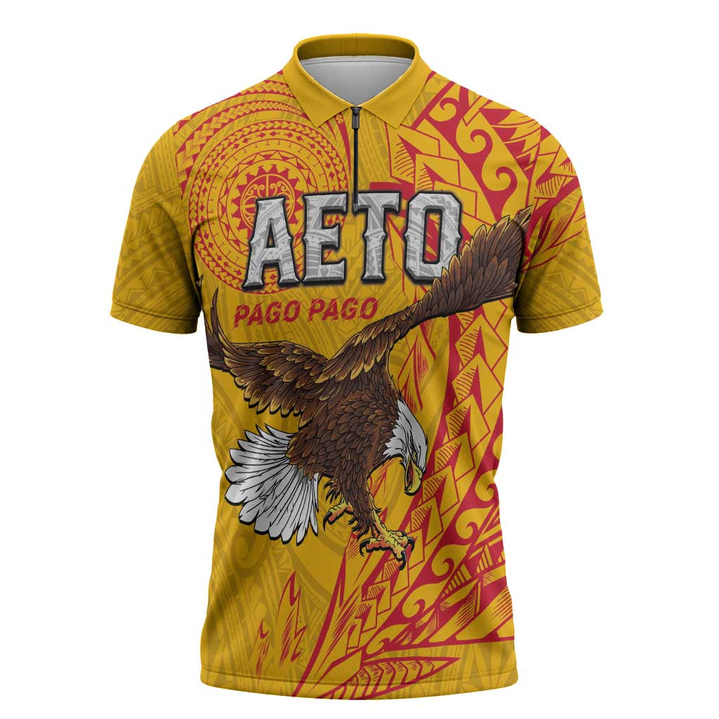 Personalised American Samoa Flag Day Zipper Polo Shirt Fautasi Race Pago Pago-Aeto Eagle Wings Tribal Style