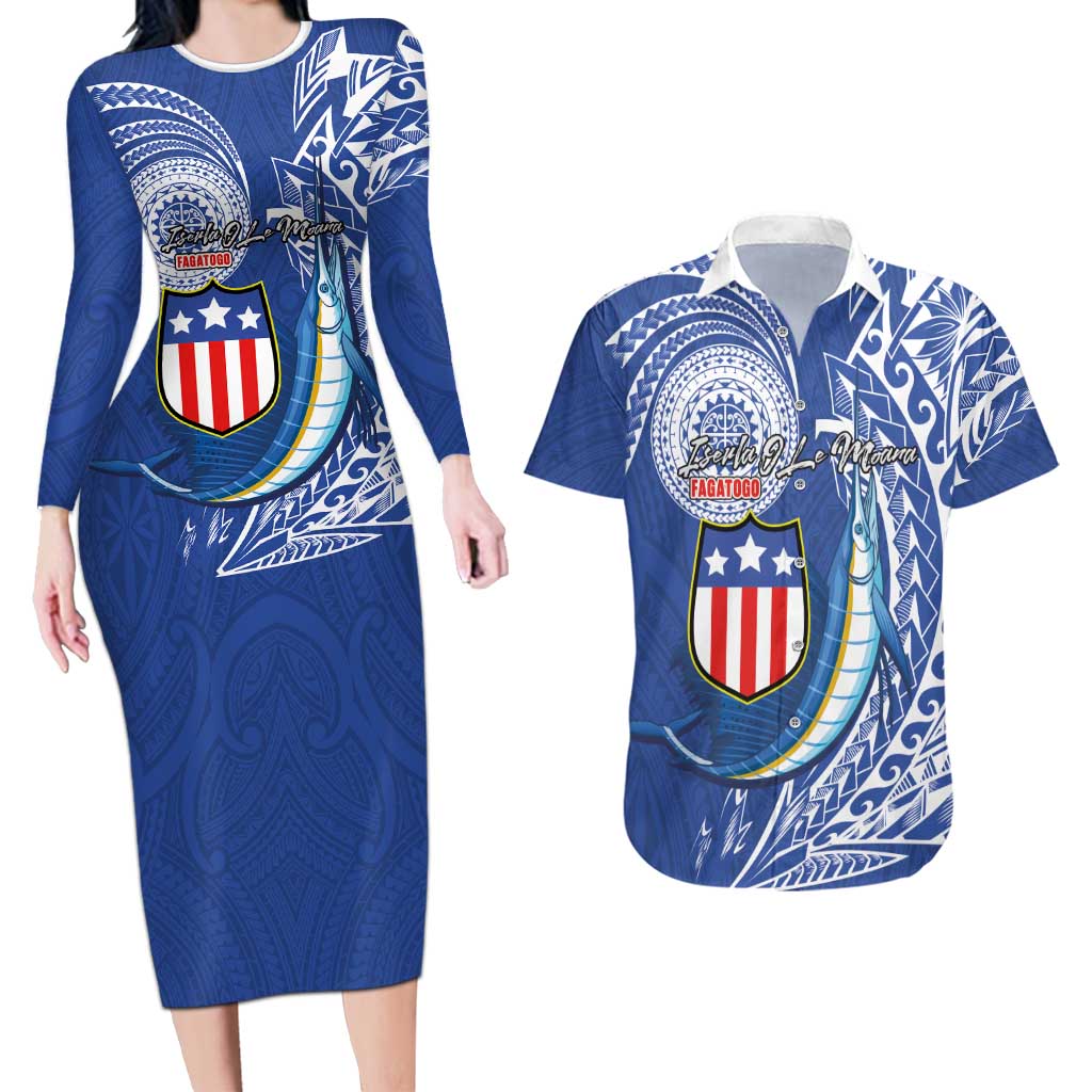 Personalised American Samoa Flag Day Couples Matching Long Sleeve Bodycon Dress and Hawaiian Shirt Fautasi Race Fagatogo-Iseula O Le Moana Sailfish Tribal Style