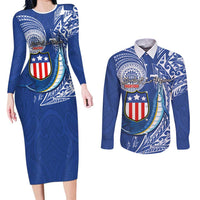 Personalised American Samoa Flag Day Couples Matching Long Sleeve Bodycon Dress and Long Sleeve Button Shirt Fautasi Race Fagatogo-Iseula O Le Moana Sailfish Tribal Style LT03 Multicolor - Polynesian Pride