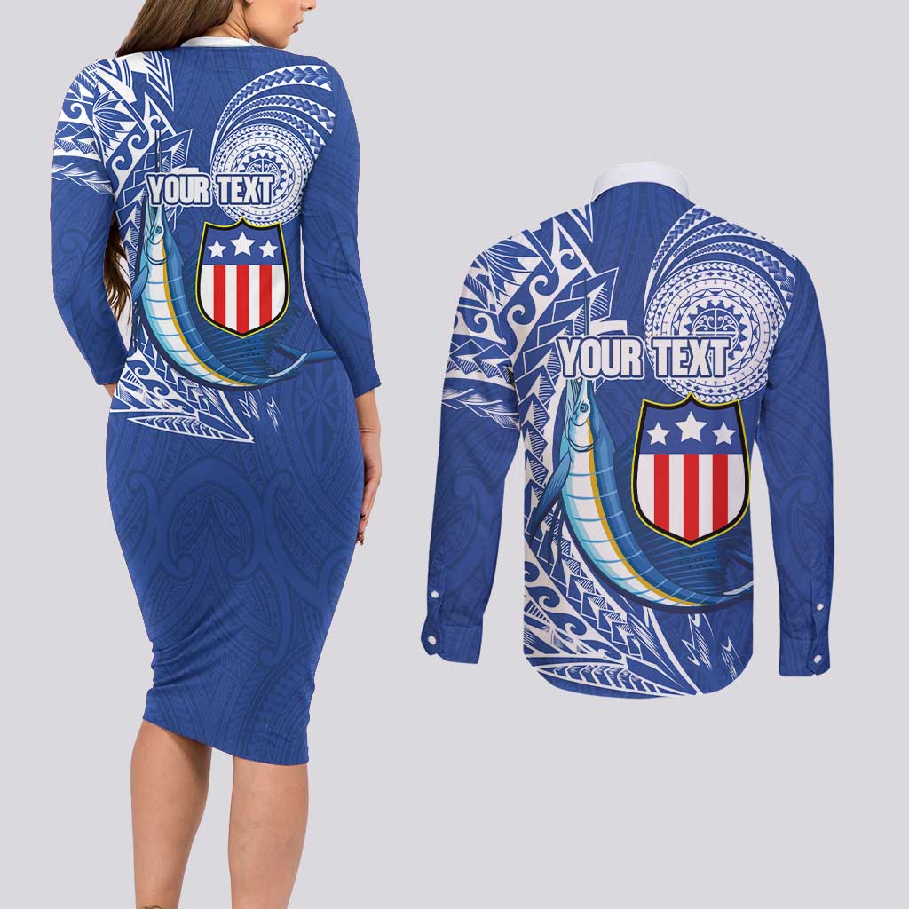 Personalised American Samoa Flag Day Couples Matching Long Sleeve Bodycon Dress and Long Sleeve Button Shirt Fautasi Race Fagatogo-Iseula O Le Moana Sailfish Tribal Style LT03 - Polynesian Pride