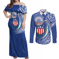 Personalised American Samoa Flag Day Couples Matching Off Shoulder Maxi Dress and Long Sleeve Button Shirt Fautasi Race Fagatogo-Iseula O Le Moana Sailfish Tribal Style LT03 Multicolor - Polynesian Pride