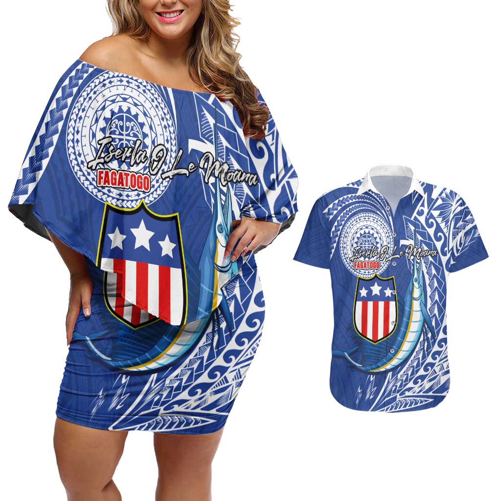Personalised American Samoa Flag Day Couples Matching Off Shoulder Short Dress and Hawaiian Shirt Fautasi Race Fagatogo-Iseula O Le Moana Sailfish Tribal Style
