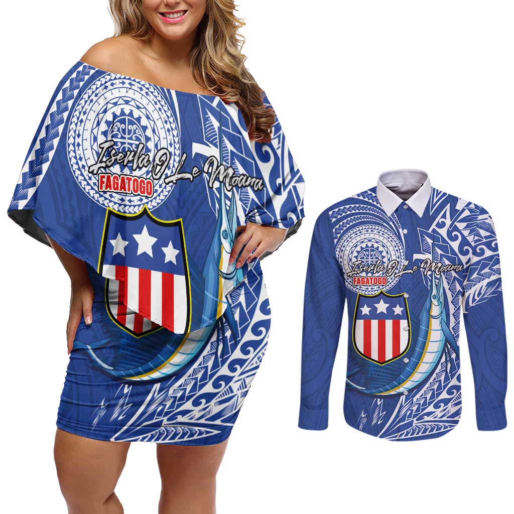 Personalised American Samoa Flag Day Couples Matching Off Shoulder Short Dress and Long Sleeve Button Shirt Fautasi Race Fagatogo-Iseula O Le Moana Sailfish Tribal Style LT03 Multicolor - Polynesian Pride