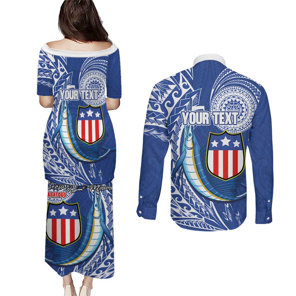 Personalised American Samoa Flag Day Couples Matching Puletasi and Long Sleeve Button Shirt Fautasi Race Fagatogo-Iseula O Le Moana Sailfish Tribal Style LT03 - Polynesian Pride