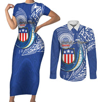 Personalised American Samoa Flag Day Couples Matching Short Sleeve Bodycon Dress and Long Sleeve Button Shirt Fautasi Race Fagatogo-Iseula O Le Moana Sailfish Tribal Style LT03 Multicolor - Polynesian Pride
