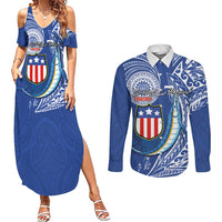Personalised American Samoa Flag Day Couples Matching Summer Maxi Dress and Long Sleeve Button Shirt Fautasi Race Fagatogo-Iseula O Le Moana Sailfish Tribal Style