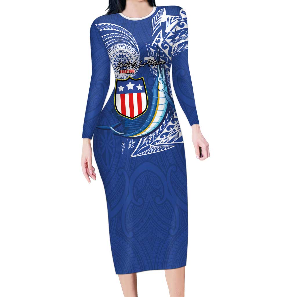 Personalised American Samoa Flag Day Family Matching Long Sleeve Bodycon Dress and Hawaiian Shirt Fautasi Race Fagatogo-Iseula O Le Moana Sailfish Tribal Style LT03 Mom's Dress Multicolor - Polynesian Pride