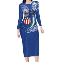 Personalised American Samoa Flag Day Family Matching Long Sleeve Bodycon Dress and Hawaiian Shirt Fautasi Race Fagatogo-Iseula O Le Moana Sailfish Tribal Style LT03 Mom's Dress Multicolor - Polynesian Pride