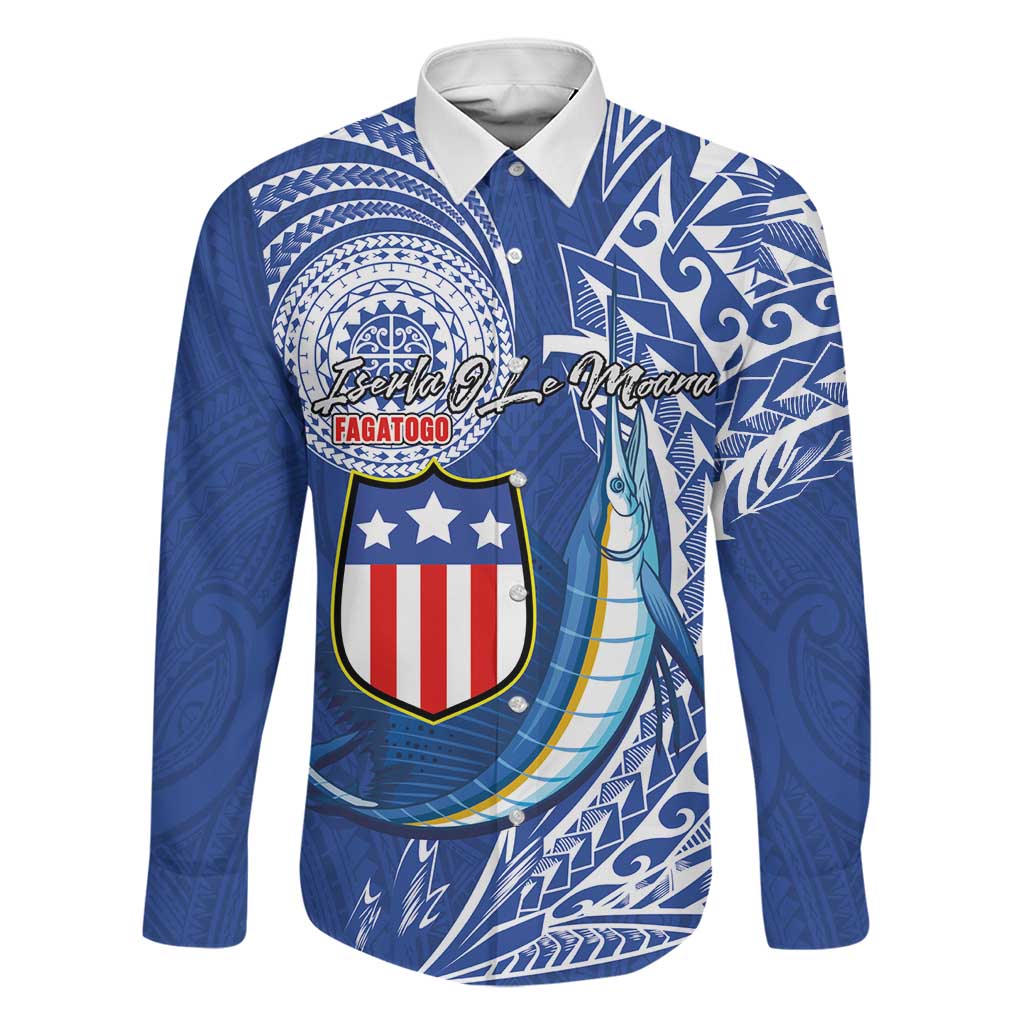 Personalised American Samoa Flag Day Family Matching Mermaid Dress and Hawaiian Shirt Fautasi Race Fagatogo-Iseula O Le Moana Sailfish Tribal Style LT03 Dad's Shirt - Long Sleeve Multicolor - Polynesian Pride
