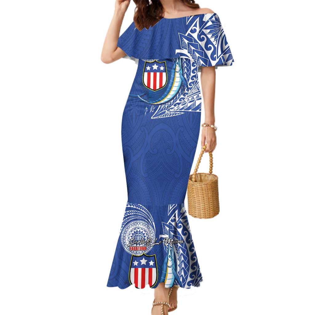 Personalised American Samoa Flag Day Family Matching Mermaid Dress and Hawaiian Shirt Fautasi Race Fagatogo-Iseula O Le Moana Sailfish Tribal Style LT03 Mom's Dress Multicolor - Polynesian Pride