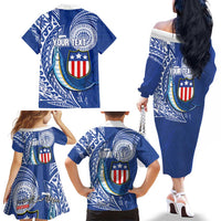 Personalised American Samoa Flag Day Family Matching Off The Shoulder Long Sleeve Dress and Hawaiian Shirt Fautasi Race Fagatogo-Iseula O Le Moana Sailfish Tribal Style LT03 - Polynesian Pride