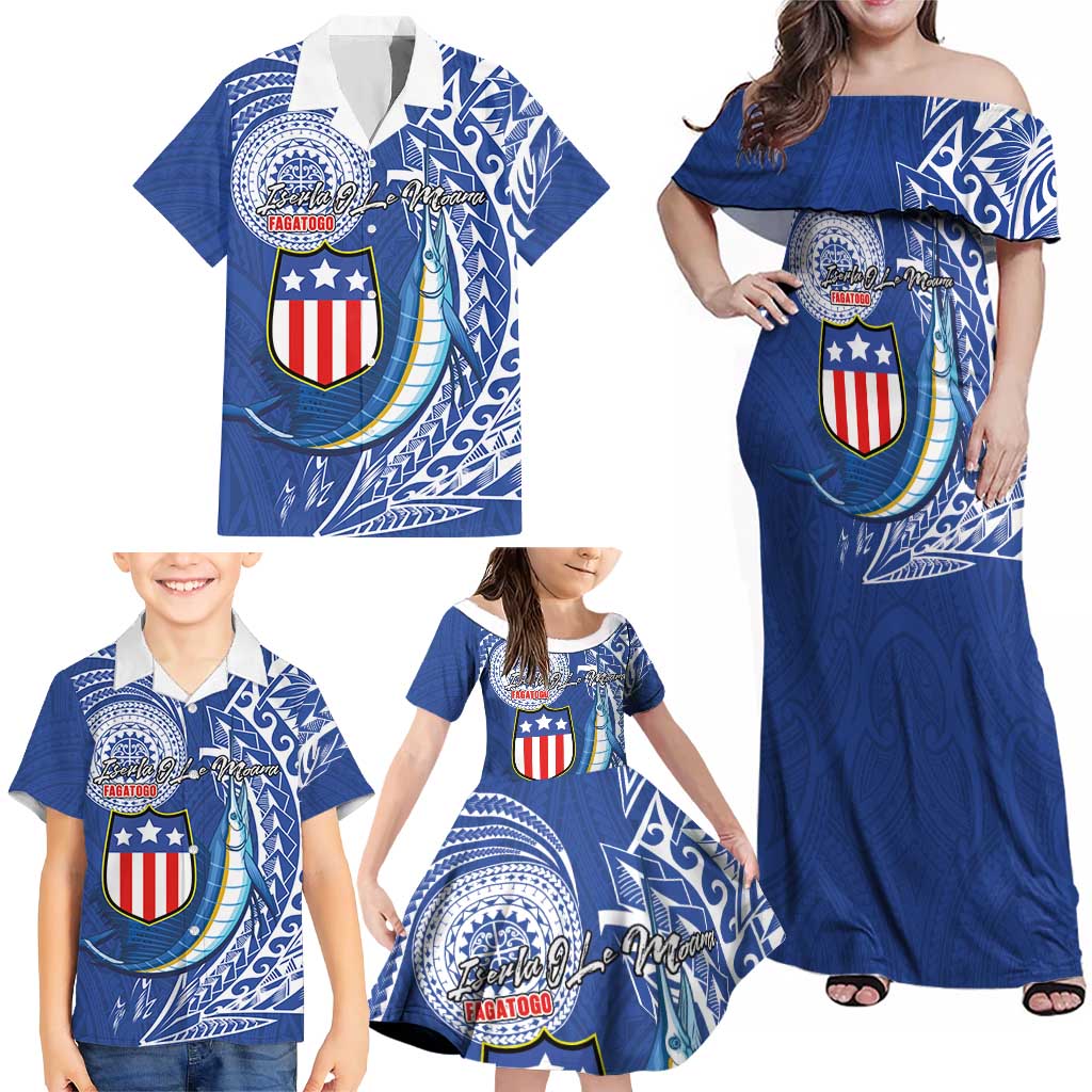 Personalised American Samoa Flag Day Family Matching Off Shoulder Maxi Dress and Hawaiian Shirt Fautasi Race Fagatogo-Iseula O Le Moana Sailfish Tribal Style LT03 - Polynesian Pride