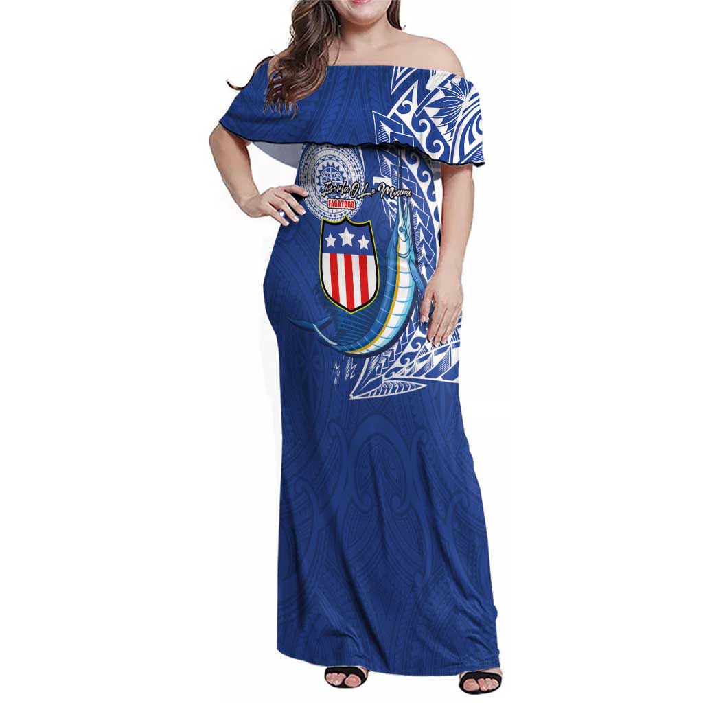 Personalised American Samoa Flag Day Family Matching Off Shoulder Maxi Dress and Hawaiian Shirt Fautasi Race Fagatogo-Iseula O Le Moana Sailfish Tribal Style LT03 Mom's Dress Multicolor - Polynesian Pride