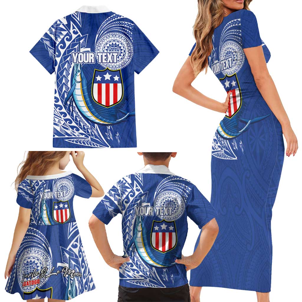 Personalised American Samoa Flag Day Family Matching Short Sleeve Bodycon Dress and Hawaiian Shirt Fautasi Race Fagatogo-Iseula O Le Moana Sailfish Tribal Style LT03 - Polynesian Pride