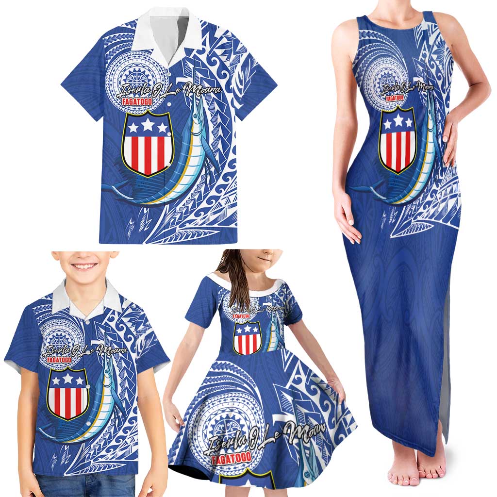 Personalised American Samoa Flag Day Family Matching Tank Maxi Dress and Hawaiian Shirt Fautasi Race Fagatogo-Iseula O Le Moana Sailfish Tribal Style