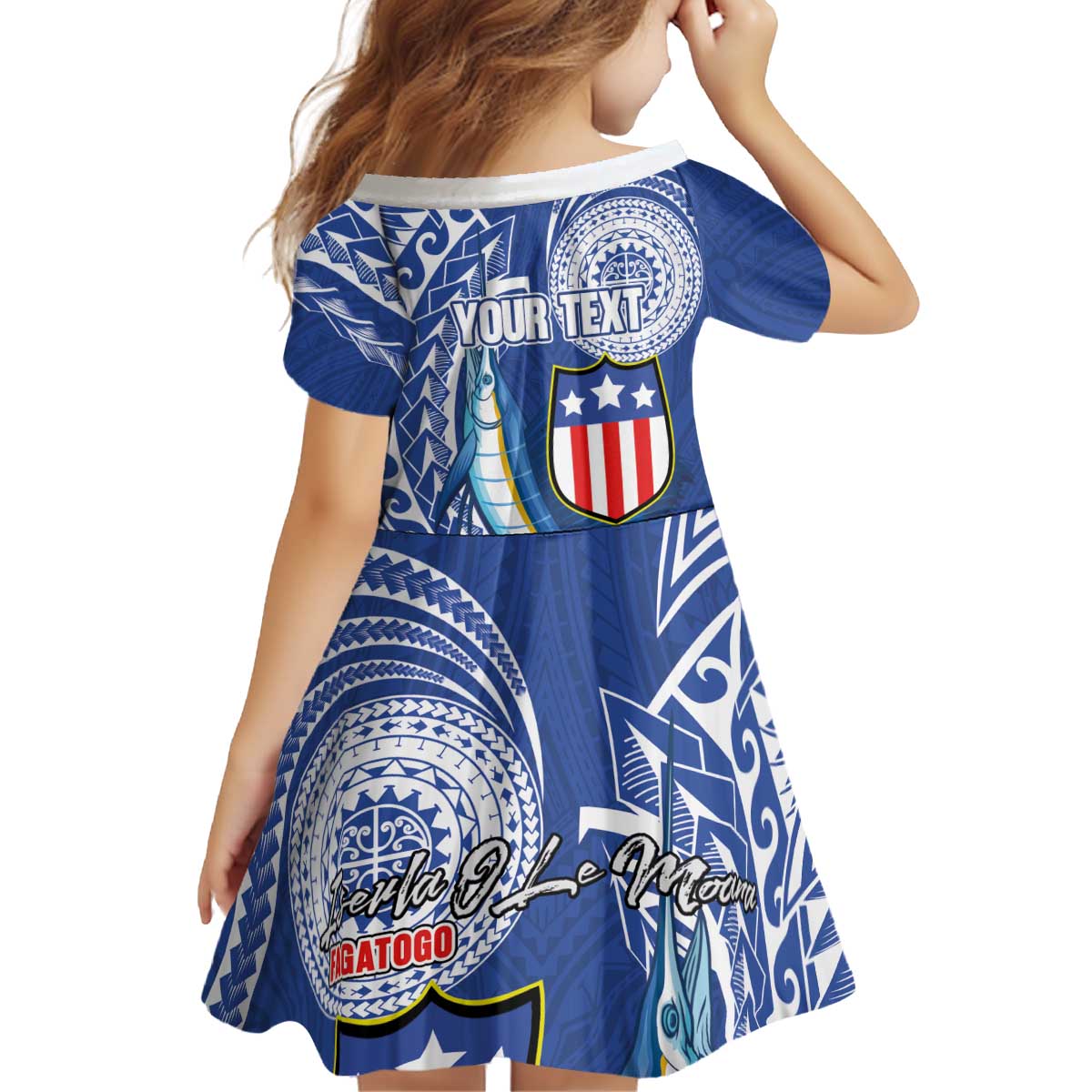 Personalised American Samoa Flag Day Kid Short Sleeve Dress Fautasi Race Fagatogo-Iseula O Le Moana Sailfish Tribal Style