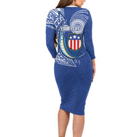 Personalised American Samoa Flag Day Long Sleeve Bodycon Dress Fautasi Race Fagatogo-Iseula O Le Moana Sailfish Tribal Style