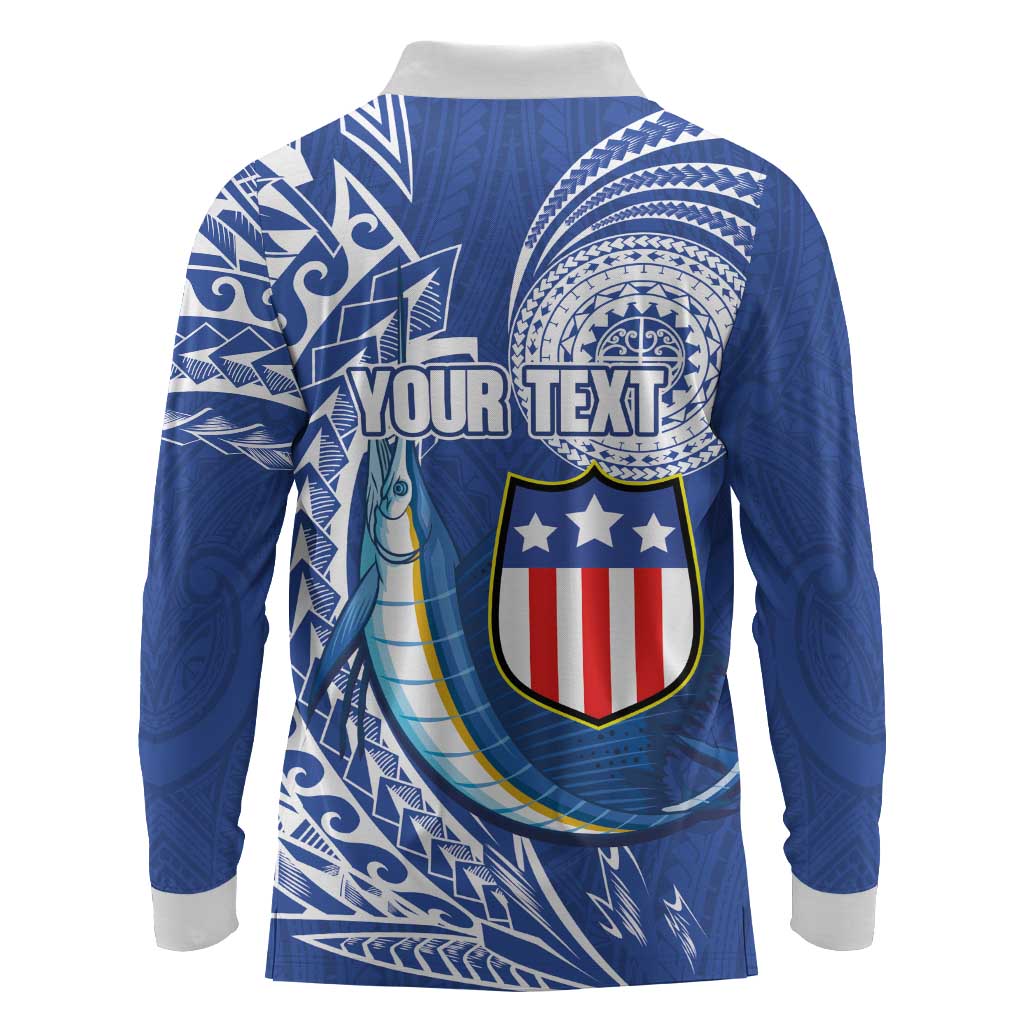 Personalised American Samoa Flag Day Long Sleeve Polo Shirt Fautasi Race Fagatogo-Iseula O Le Moana Sailfish Tribal Style